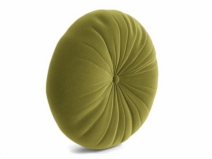 Olive green round tufted pillow, side view with pleated arcs and central button