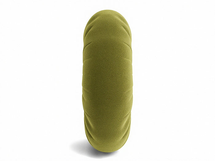 Olive green round pillow side view with smooth fabric cover