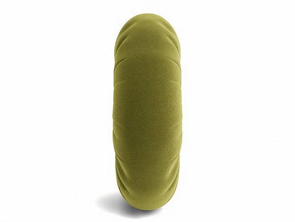 Olive green round pillow side view with smooth fabric cover
