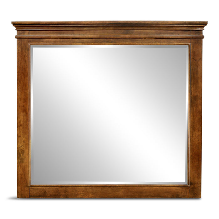 Rectangular wood bedroom mirror with brown frame and horizontal top trim