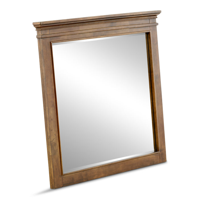 3/4 view rectangular wood bedroom mirror with brown frame and smooth glass panel