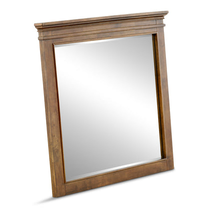 3/4 view rectangular wood bedroom mirror with brown frame and smooth glass panel