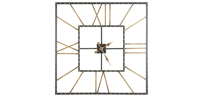 Square wall clock with black frame, gold dot accents, geometric open dial and metal hands.