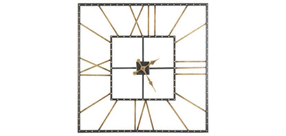 Square wall clock with black frame, gold dot accents, geometric open dial and metal hands.