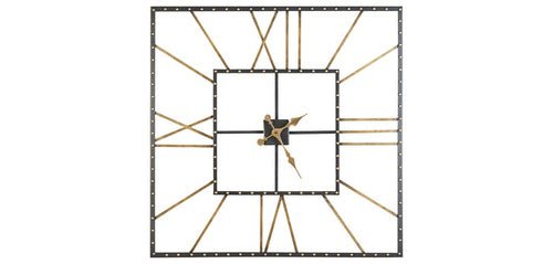 Square wall clock with black frame, gold dot accents, geometric open dial and metal hands.