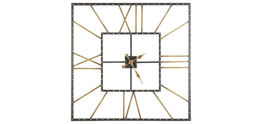 Square wall clock with black frame, gold dot accents, geometric open dial and metal hands.