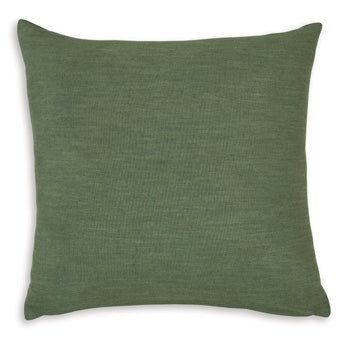 Square pillow in dark green fabric with simple stitched edges