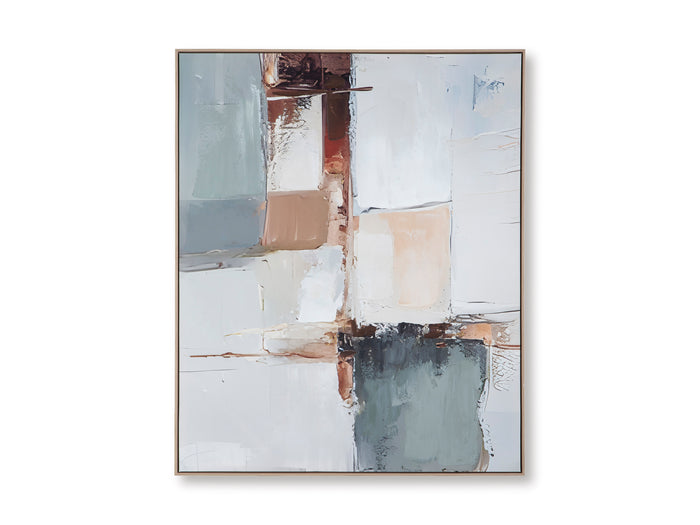Trailport framed abstract wall art featuring white and slate blue rectangles with brown highlights