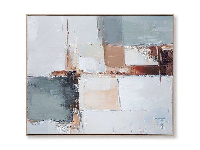 Trailport framed abstract wall art in white, icy blue, taupe, and warm brown with dark lines