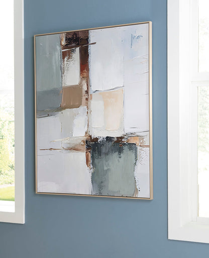 Trailport framed abstract wall art with white, pale blue, taupe, and charcoal blocks