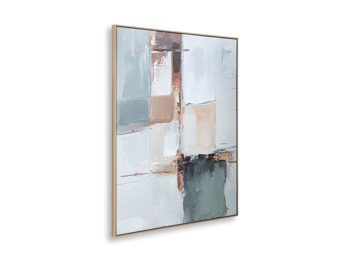 Trailport framed abstract wall art with white and light blue panels plus taupe and dark accents