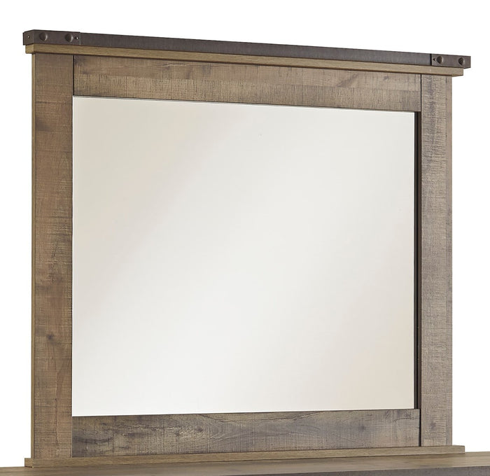 Wood-framed bedroom mirror with dark metal corner brackets and rectangular glass
