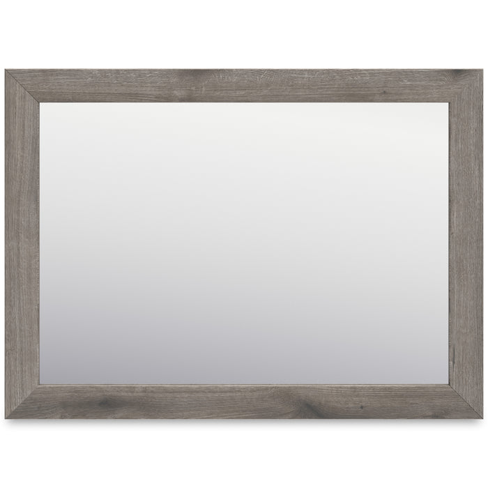 Urbanoore bedroom mirror with gray wood-grain frame, rectangular landscape shape