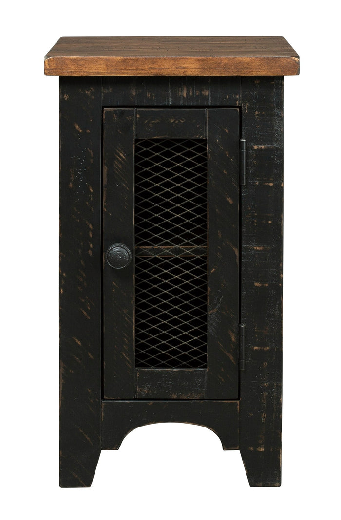 Dark rustic chairside end table with brown top and mesh-door cabinet panel