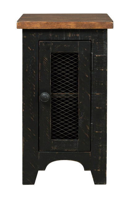 Dark rustic chairside end table with brown top and mesh-door cabinet panel