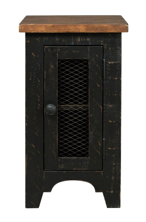 Dark rustic chairside end table with brown top and mesh-door cabinet panel