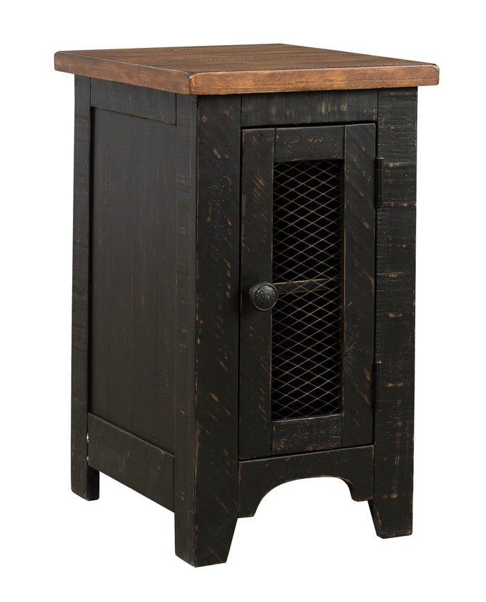Dark chairside end table with brown top and mesh insert behind the front door