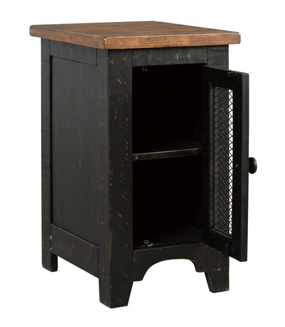 Dark chairside end table with open front door showing mesh panel and interior shelf
