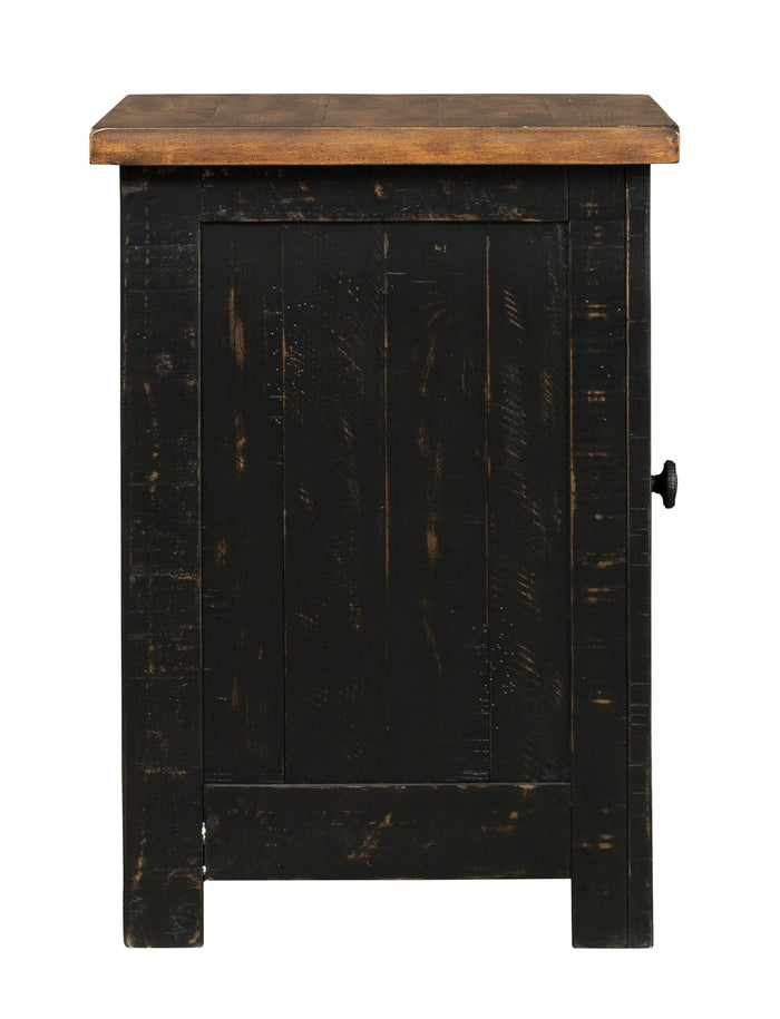 Dark chairside end table back panel with rustic brown top and distressed wood finish