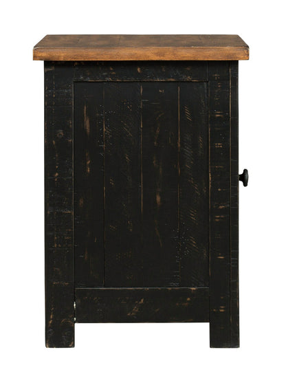 Dark chairside end table back panel with rustic brown top and distressed wood finish