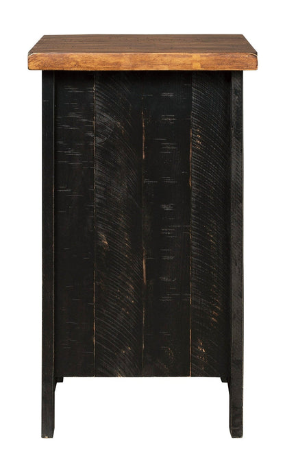 Dark chairside end table with rustic brown top and straight side panels