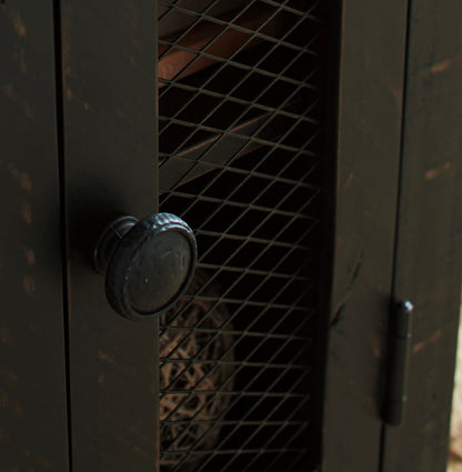 Dark round door knob and mesh insert on the chairside end table front