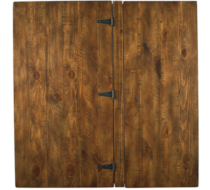 Honey-brown wood cabinet doors with hinges and metal latch tabs