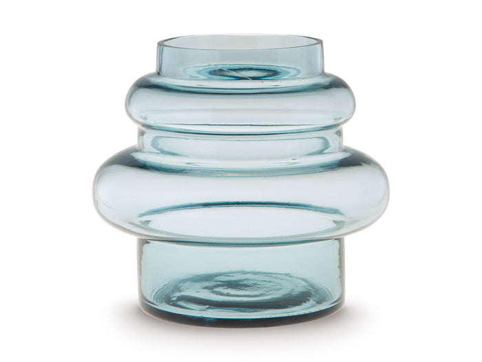 Clear blue glass vase, rounded bulb body with flared top