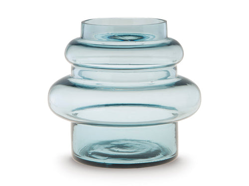 Clear blue glass vase, rounded bulb body with flared top