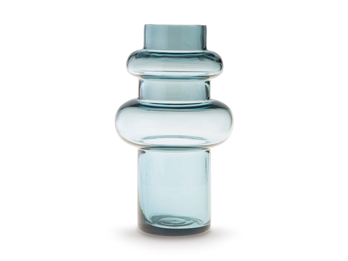 Clear blue glass vase with two bulges and small flared top