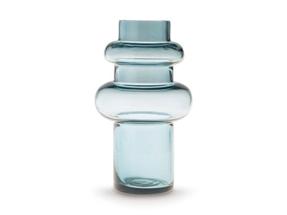 Clear blue glass vase with two bulges and small flared top