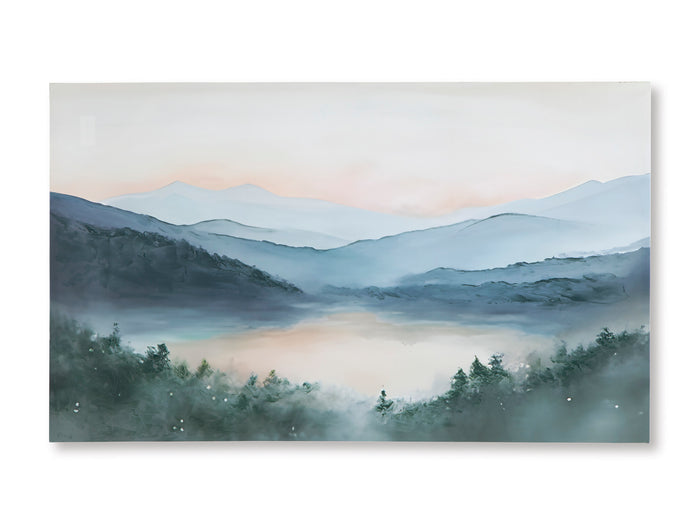 Misty mountain valley landscape canvas wall art with soft fog and layered peaks