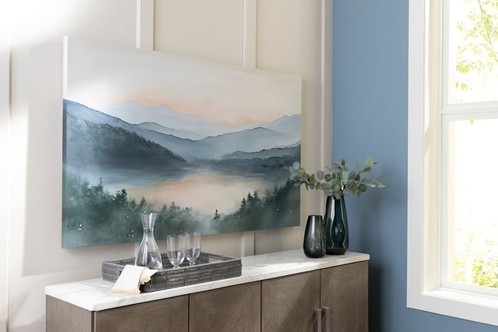 Misty mountain landscape canvas wall art with layered blue-gray hills and trees