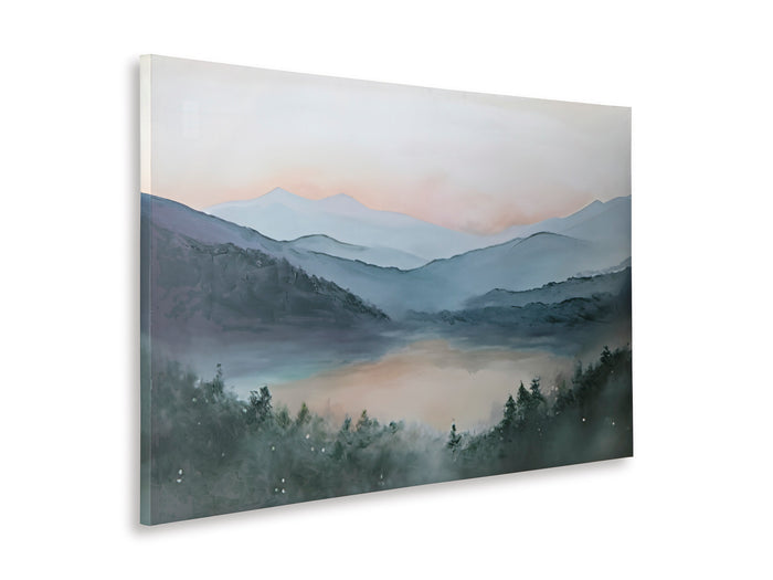 Canvas wall art with misty mountain landscape in blue and teal tones