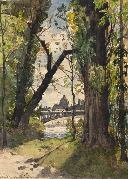 Painting of a park scene with trees and a bridge over a river, featuring the Pantheon in the background.