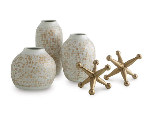 Accessory set of 5: three speckled vases and two bronze starburst decor pieces
