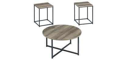 Round and square metal side table set with gray wood tops