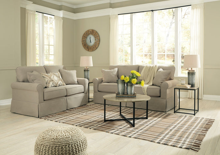 Gray wood side table set with black metal frames