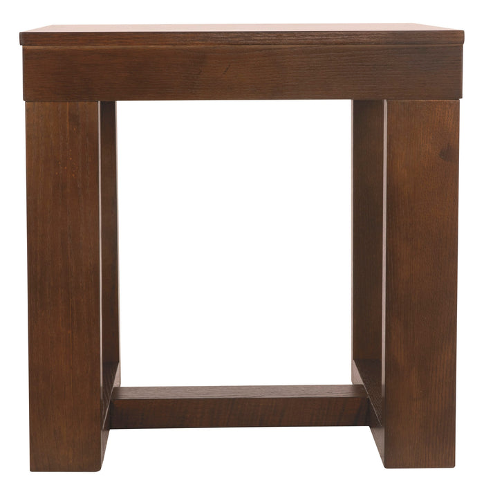 Dark wood end table with open lower shelf and square legs.