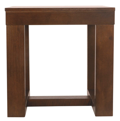 Dark wood end table with open lower shelf and square legs.