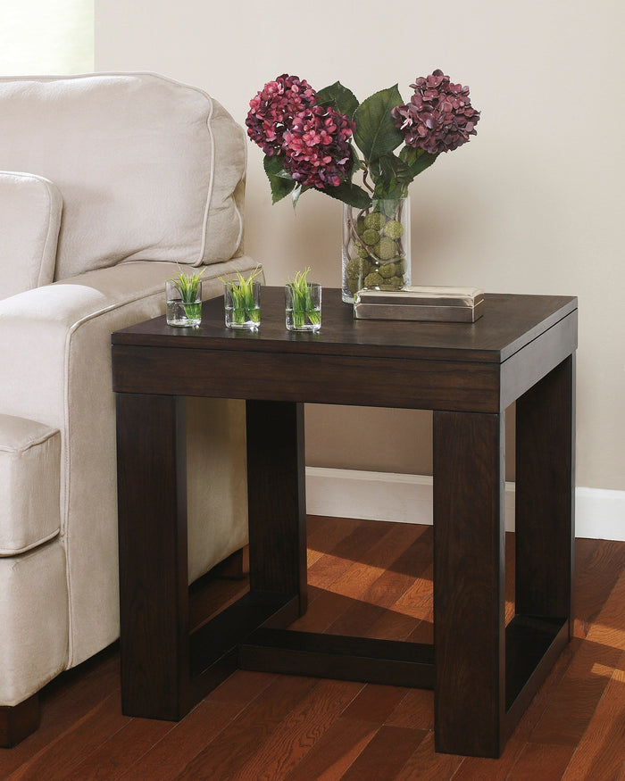 Dark wood end table with open shelf, squared frame, and tabletop for decor.