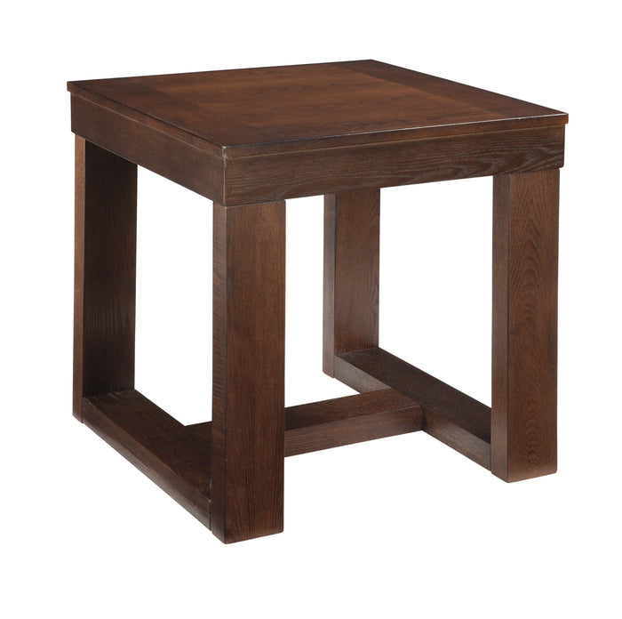 Dark wood end table with open lower shelf and squared frame legs.