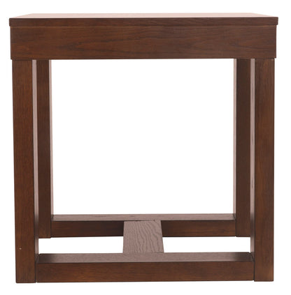 Dark wood end table with open lower shelf and rectangular frame sides.