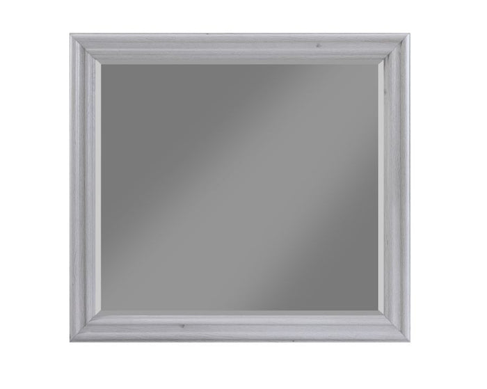 Bedroom mirror with dove gray frame and beveled rectangular border