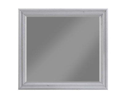 Bedroom mirror with dove gray frame and beveled rectangular border