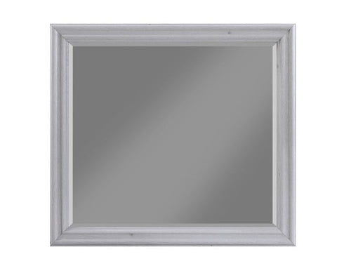 Bedroom mirror with dove gray frame and beveled rectangular border