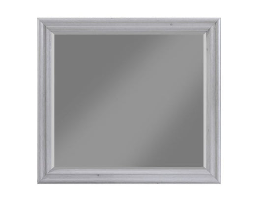Bedroom mirror with dove gray frame and beveled rectangular border