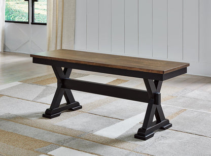 Dark wood dining bench with plank seat and pedestal base