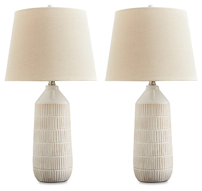 Set of 2 table lamps with cream fabric shades and ribbed ceramic bases