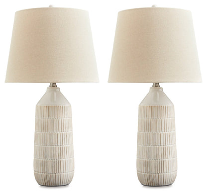 Set of 2 table lamps with cream fabric shades and ribbed ceramic bases